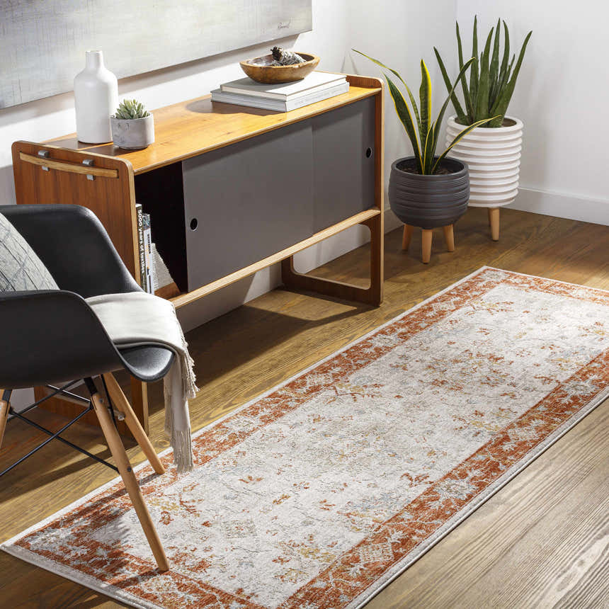 Hallway scene with a Tsawwassen Thick Luxe Area Rug runner in brick red and light beige, styled with mid-century modern furniture. Roomscene-Runner