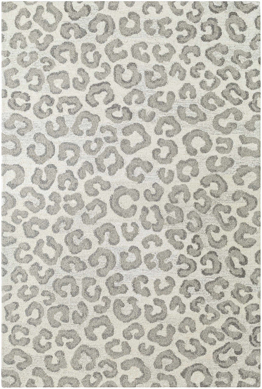 Close-up of the Tomas Area Rug with a gray leopard print pattern on a light silver wool texture. Design-Rectangle-576