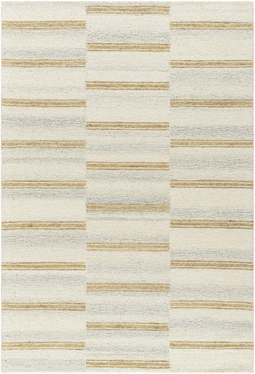 Close-up of the Toren Broken-Striped Area Rug. Hand-tufted wool rug with ash, pearl, and prairie dust stripes. Design-Rectangle-576