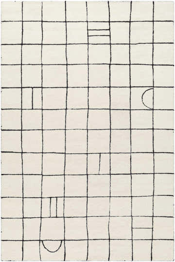 Close-up of the Tuuka Pearl Area Rug. Hand-tufted cotton and wool rug with a cream base and black geometric grid pattern. Design-Rectangle-576