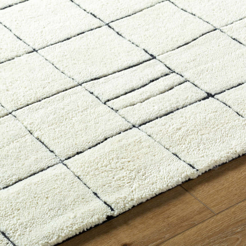 Close up of a Tuuka Pearl Area Rug showing its geometric grid pattern and soft, textured pile. Texture