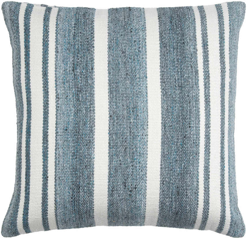 Rivane Blue and Off White Woven Stripe Cottage Farmhouse Recycled PET Outdoor Accent Pillow - Clearance