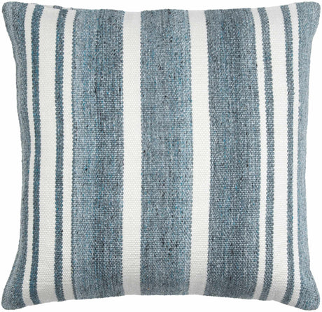 Rivane Blue and Off White Woven Stripe Cottage Farmhouse Recycled PET Outdoor Accent Pillow