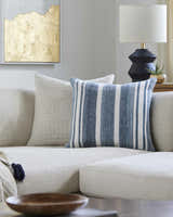 Rivane Blue and Off White Woven Stripe Cottage Farmhouse Recycled PET Outdoor Accent Pillow - Clearance