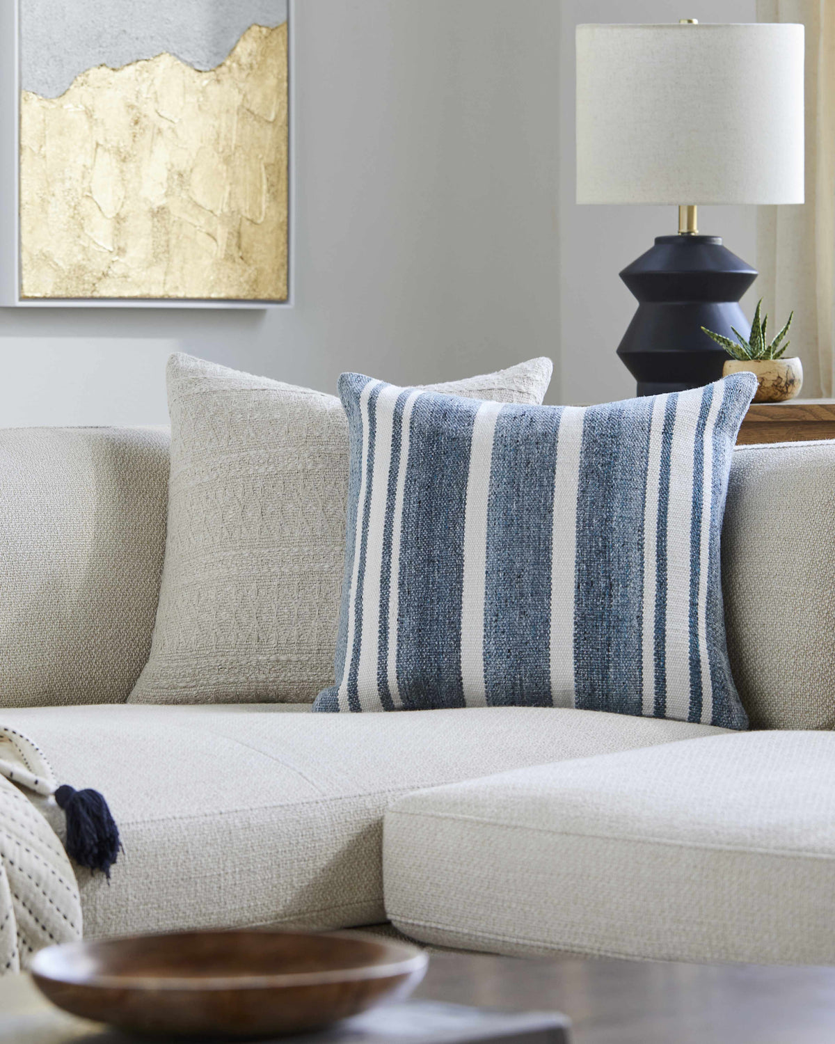 Rivane Blue and Off White Woven Stripe Cottage Farmhouse Recycled PET Outdoor Accent Pillow - Clearance
