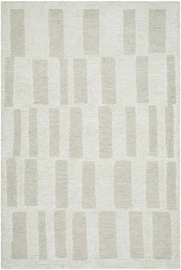 Close-up of the Teige Light Silver Area Rug. Hand-tufted wool rug with a contemporary light silver and sterling gray geometric pattern. Design-Rectangle-576