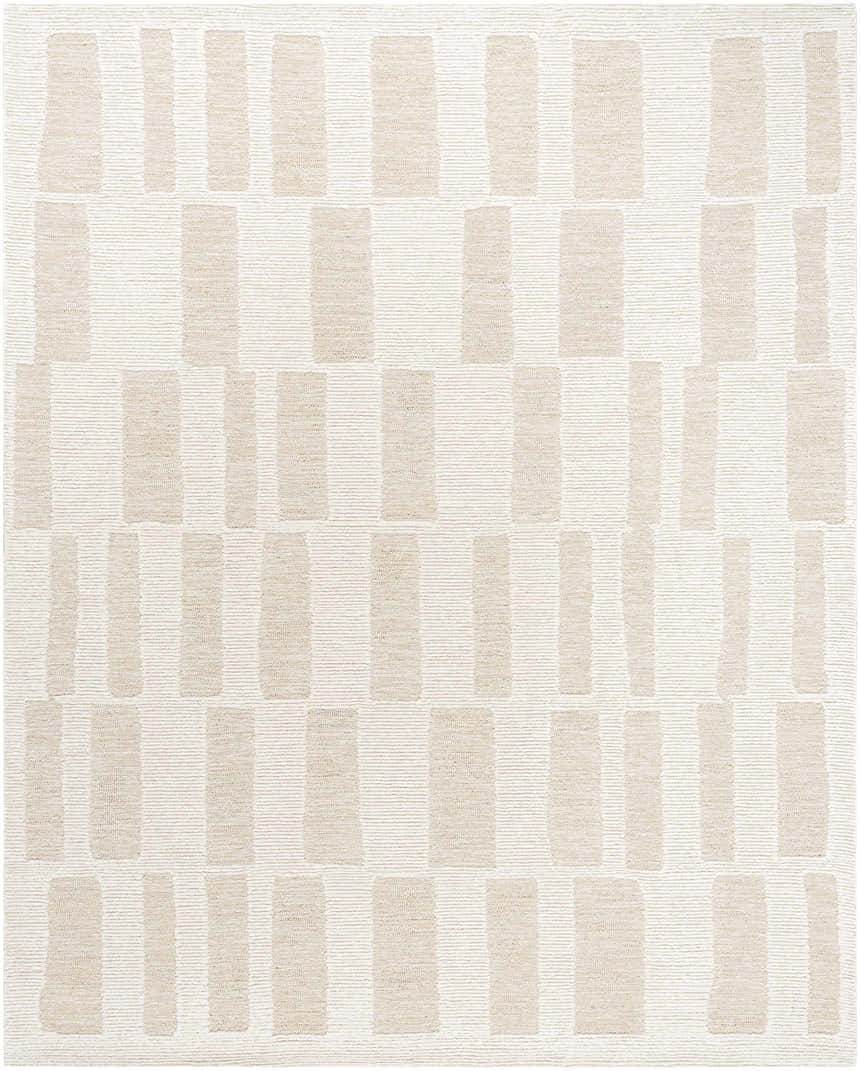 Close-up of the hand-tufted Teige Light Silver Area Rug. Contemporary design with light silver and sterling gray geometric pattern. Design-Rectangle-810