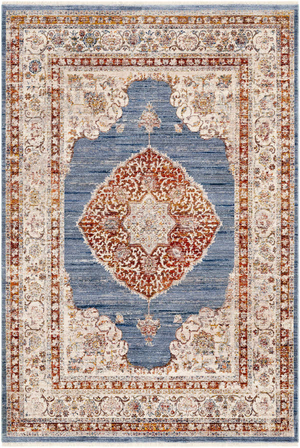 Close-up of Tugos Area Carpet - Clearance. Bohemian style rug with brick red, cream, and dark blue oriental pattern. Design-Rectangle-58