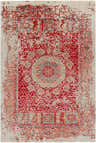 Close-up of the Tulare Clearance Rug, a hand-knotted rectangle rug with red, orange, and blue traditional patterns on a light background. Design-Rectangle-69