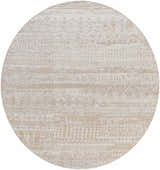 Close-up of round Tupsan Washable Area Rug. Cream, light beige, and light gray with a contemporary tribal-inspired pattern. Design-Round-67