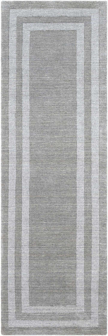 Close-up of the hand-tufted Turbotville Area Rug. Gray wool rug with a contemporary striped border design. Design-Runner-268