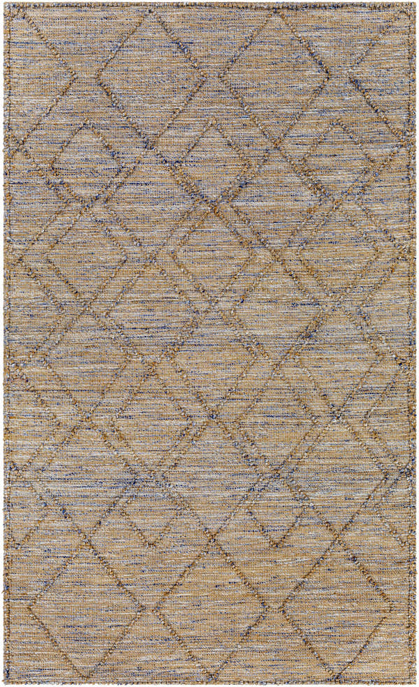 Close-up of the Buse Hand Woven Beige & Blue Area Rug, featuring a diamond pattern and jute texture. Bohemian style. Design-Rectangle-576