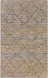 Close-up of the Buse Hand Woven Beige & Blue Area Rug, featuring a diamond pattern and jute texture. Bohemian style. Design-Rectangle-576
