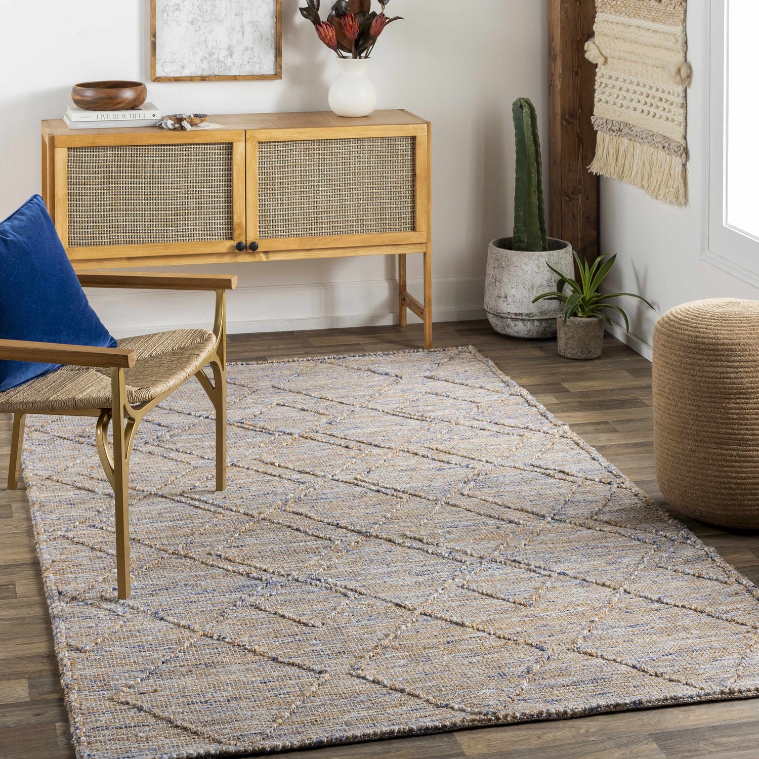 Buse Hand Woven Beige & Blue Area Rug - Clearance