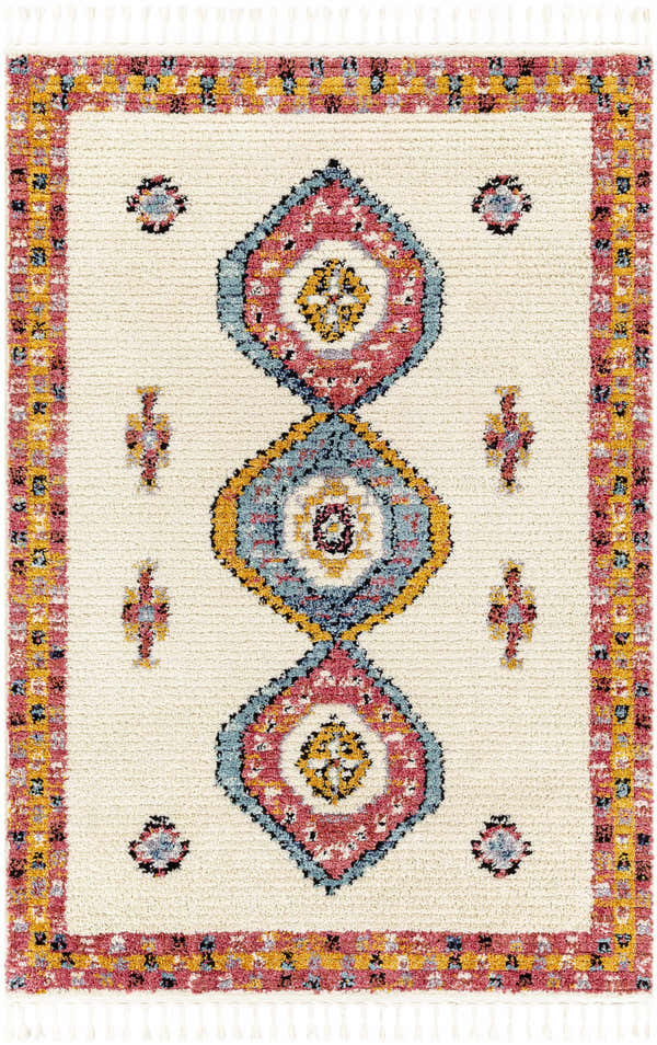 Close-up of the Tuyum Area Rug. Farmhouse style rug with diamond pattern in pink, blue, and yellow on a cream background. Design-Rectangle-537