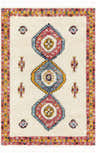 Close-up of the Tuyum Area Rug. Farmhouse style rug with diamond pattern in pink, blue, and yellow on a cream background. Design-Rectangle-537