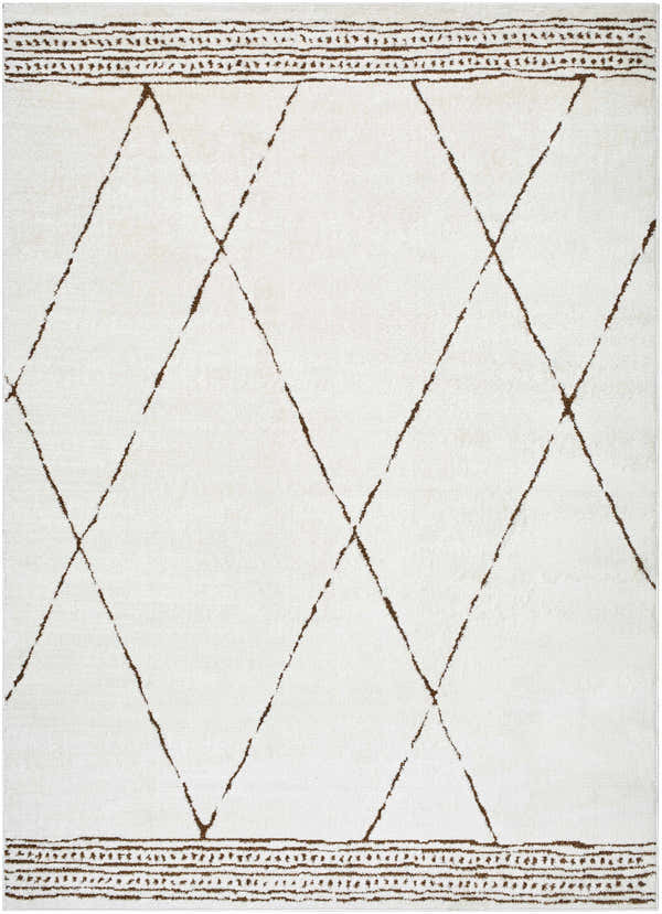 Close-up of the Tyson Area Rug, a clearance item, featuring an ivory base with dark red diamond and border patterns. Design-Rectangle-537