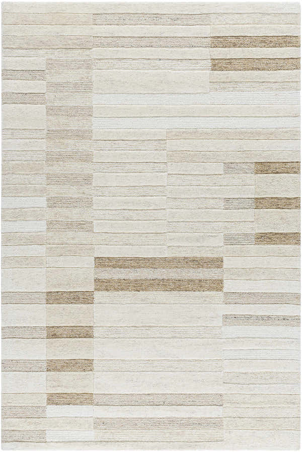 Close-up of the hand-tufted Tavia Broken-Striped Area Rug. Ash and light silver wool rug with a contemporary striped pattern. Design-Rectangle-576