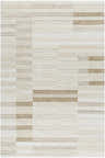 Close-up of the hand-tufted Tavia Broken-Striped Area Rug. Ash and light silver wool rug with a contemporary striped pattern. Design-Rectangle-576