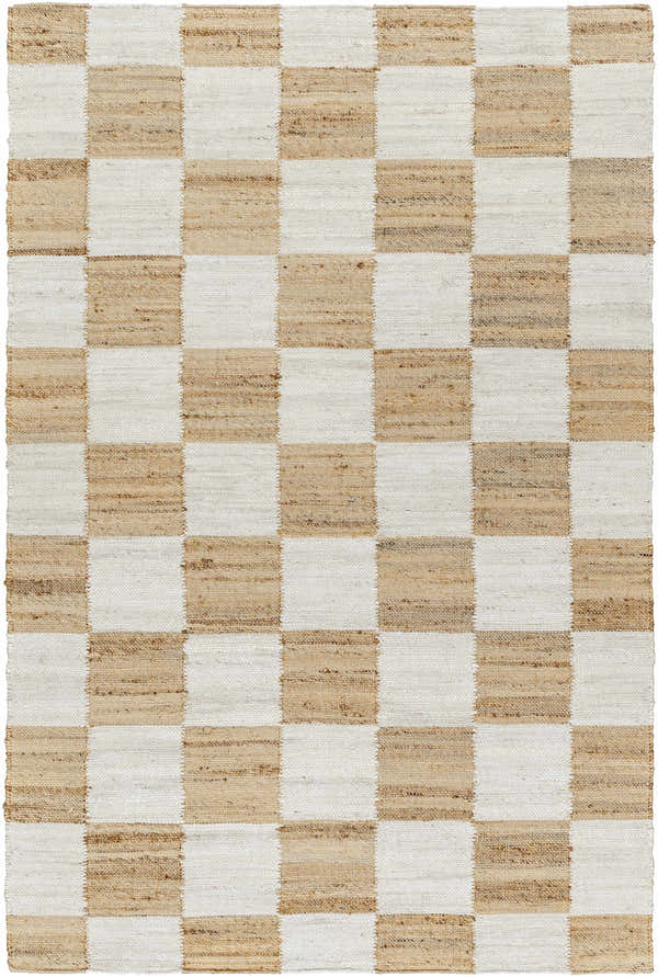 Close-up of the Tyhir Checkered Jute Rug, featuring a light brown and light slate checkerboard pattern and hand-woven texture. Design-Rectangle-576