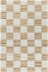 Close-up of the Tyhir Checkered Jute Rug, featuring a light brown and light slate checkerboard pattern and hand-woven texture. Design-Rectangle-576
