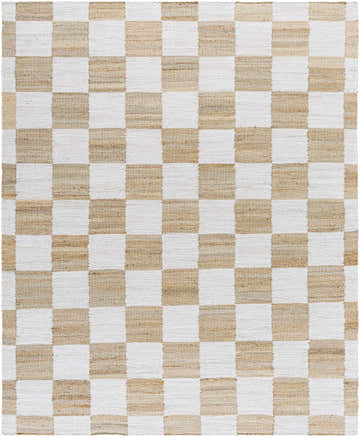 Close-up of the hand woven Tyhir Checkered Jute Rug. Light brown and light slate squares create a farmhouse checkerboard pattern. Design-Rectangle-810