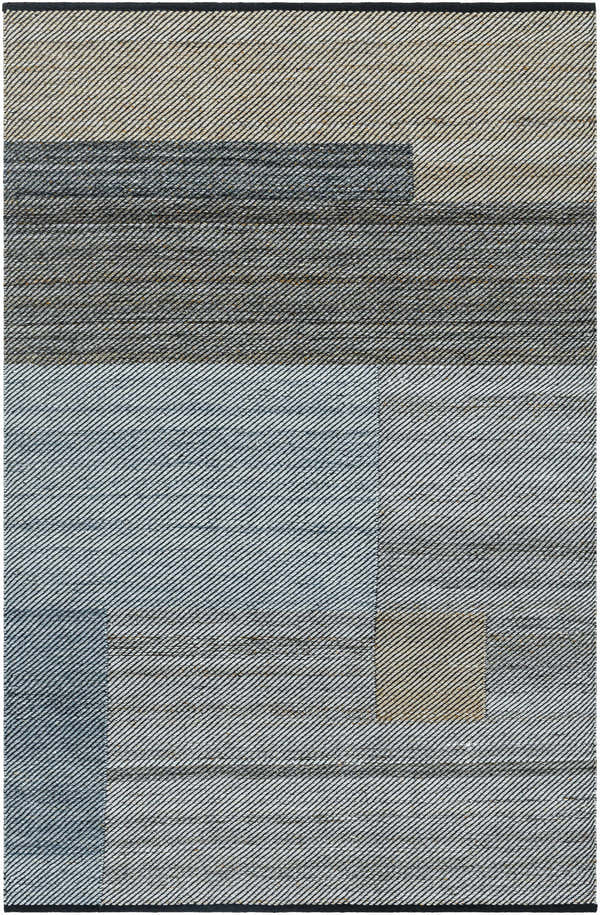 Close-up of the hand-woven Trish Area Rug. Southwestern style with blue, charcoal, gray, and sandstone colors. Recycled PET yarn. Design-Rectangle-576