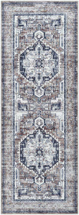 Detailed view of Terri Washable Area Rug in beige, black, cream, dark red, and gray with a traditional, farmhouse pattern. Design-Runner-2773
