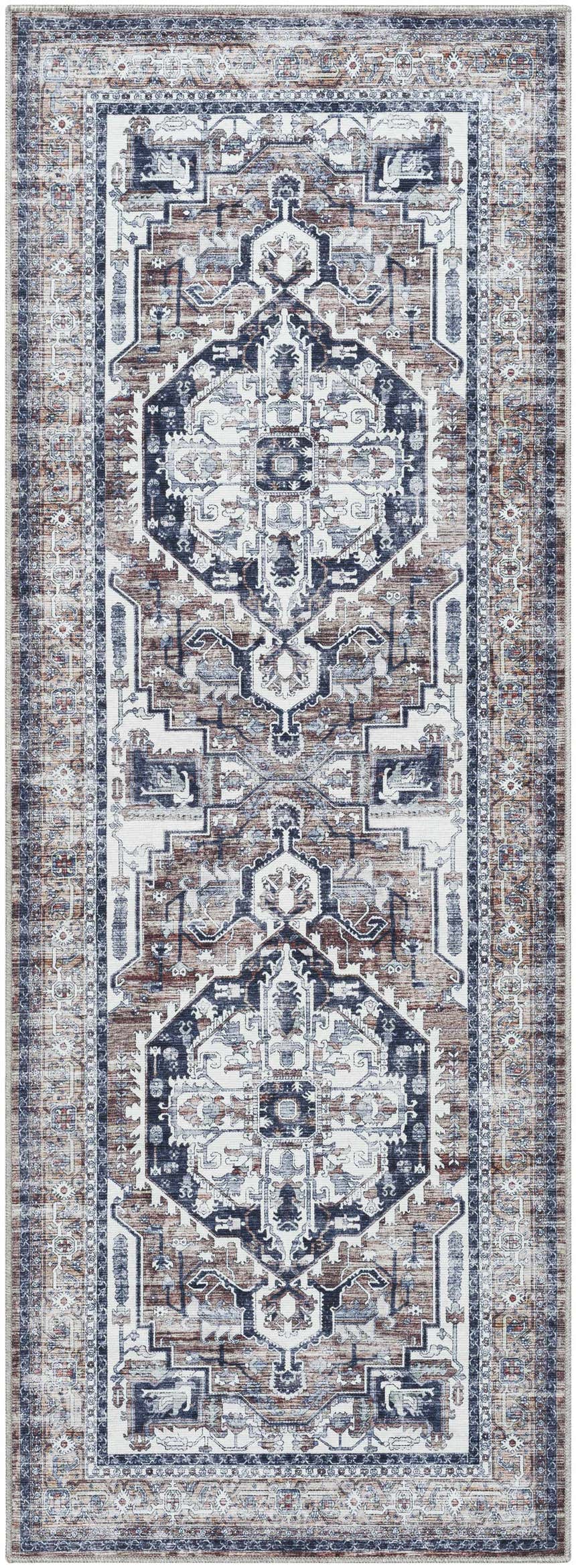 Detailed view of Terri Washable Area Rug in beige, black, cream, dark red, and gray with a traditional, farmhouse pattern. Design-Runner-2773