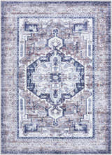 Close-up of the Terri Washable Area Rug in beige, black, cream, and dark red. Traditional farmhouse style with a detailed pattern. Design-Rectangle-5373