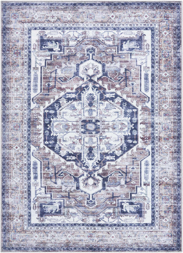 Close-up of the Terri Washable Area Rug in beige, black, cream, and dark red. Traditional farmhouse style with a detailed pattern. Design-Rectangle-5373
