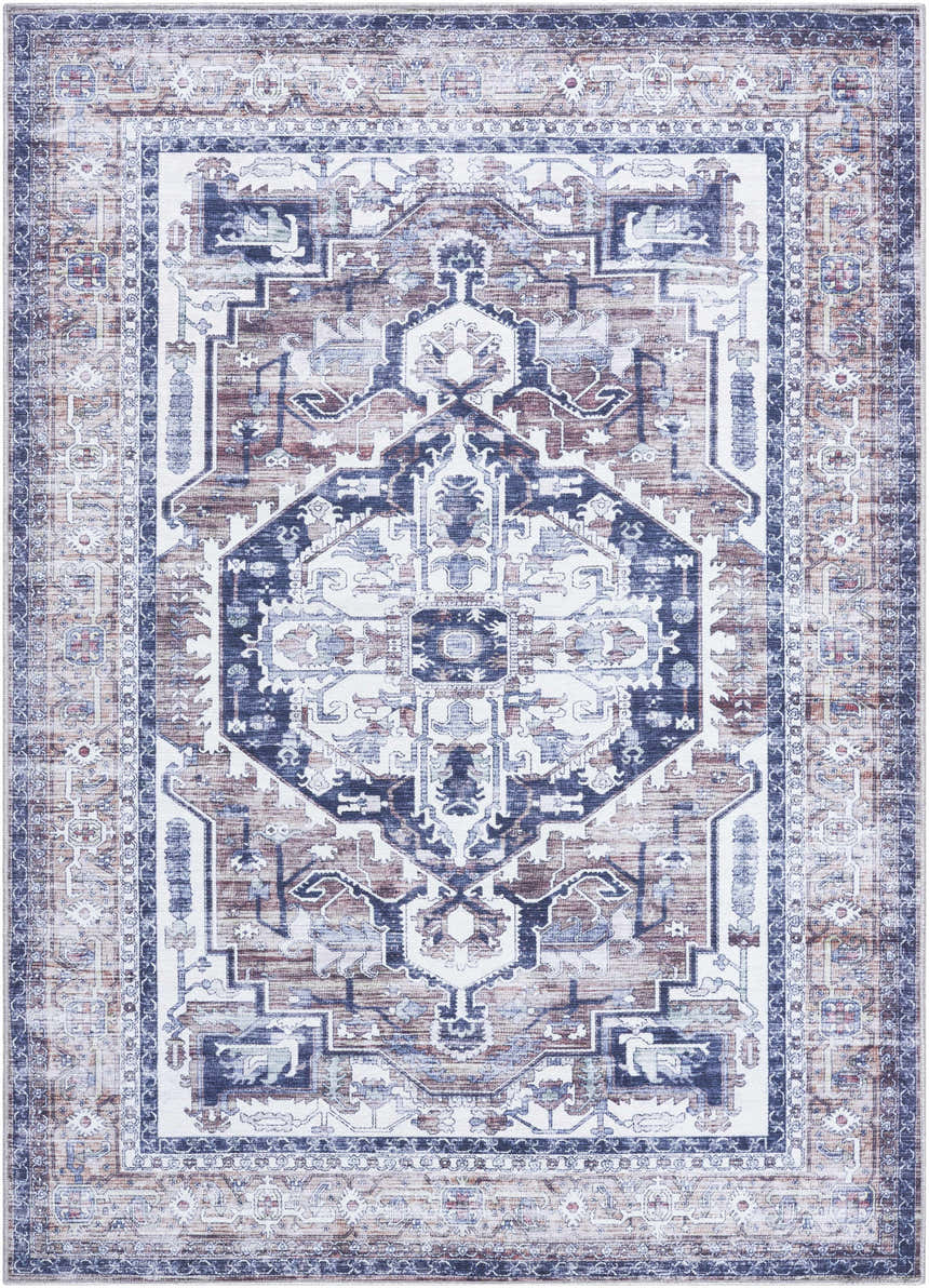 Close-up of the Terri Washable Area Rug in beige, black, cream, and dark red. Traditional farmhouse style with a detailed pattern. Design-Rectangle-5373