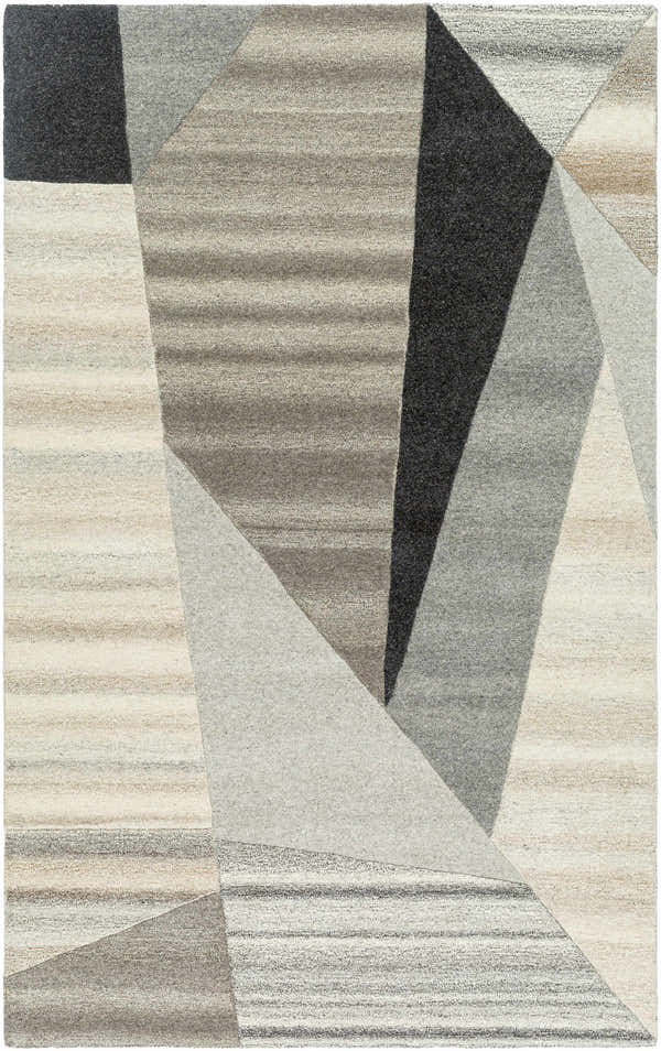 Close-up of the Toril Modern Wool Rug featuring an abstract geometric pattern in ash, onyx, sage, and silver gray. Design-Rectangle-58