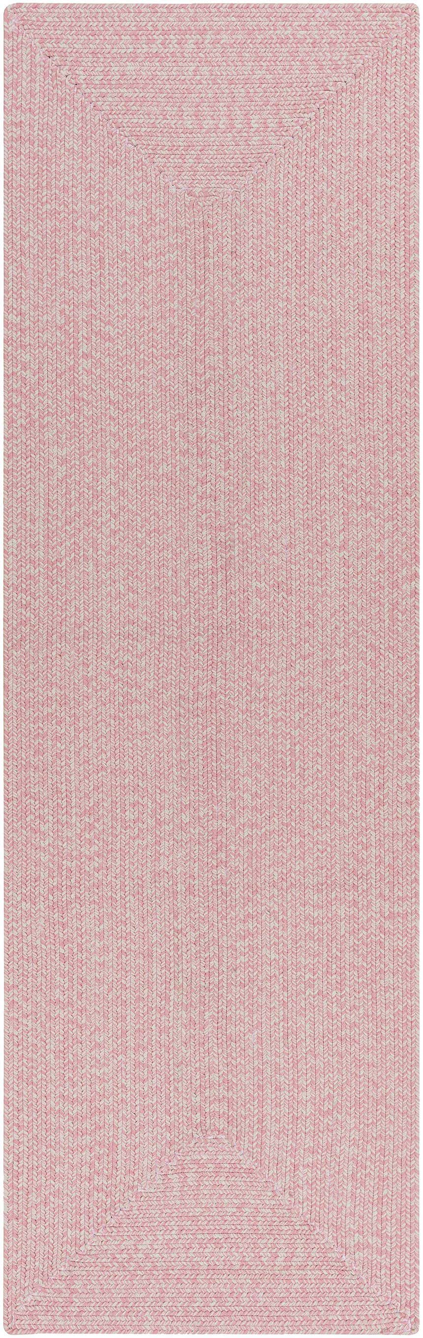 Close-up of the Pink Tycroes Braided Textured Area Rug, showing the pink and white woven design and texture. Design-Runner-268