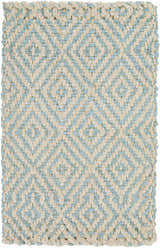 Close-up of the Tyronza Clearance Jute Rug. Hand-woven cream and sky blue diamond pattern. Natural fiber texture. Design-Rectangle-23