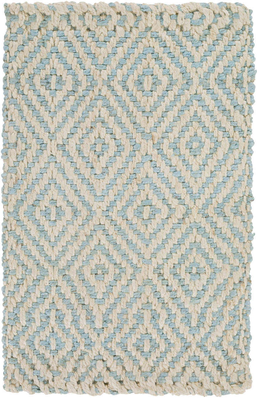 Close-up of the Tyronza Clearance Jute Rug. Hand-woven cream and sky blue diamond pattern. Natural fiber texture. Design-Rectangle-23
