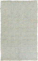 Close-up of Tyronza Clearance Jute Rug. Cream and sky blue diamond pattern, hand-woven texture, farmhouse style. Design-Rectangle-58