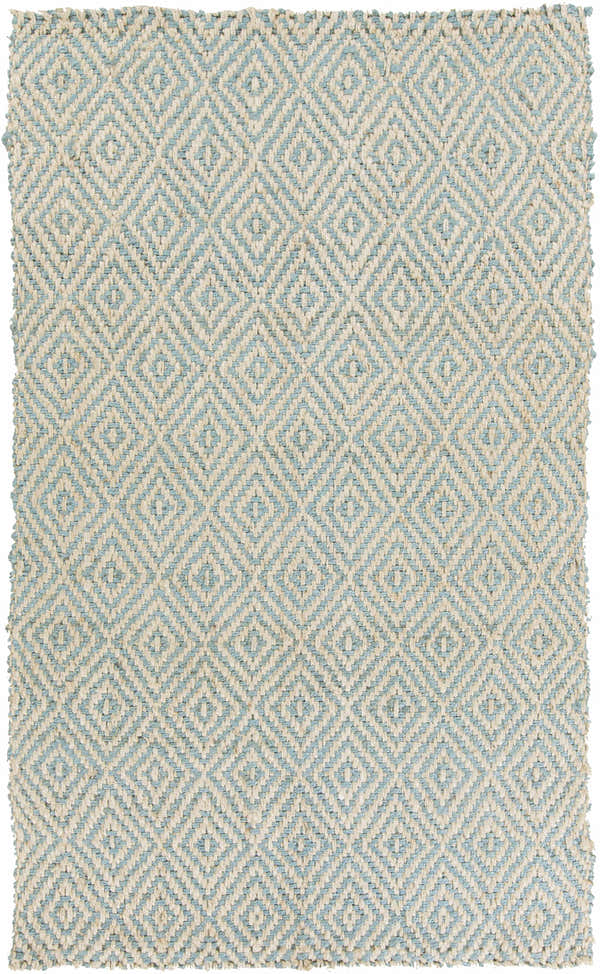 Close-up of Tyronza Clearance Jute Rug. Cream and sky blue diamond pattern, hand-woven texture, farmhouse style. Design-Rectangle-58