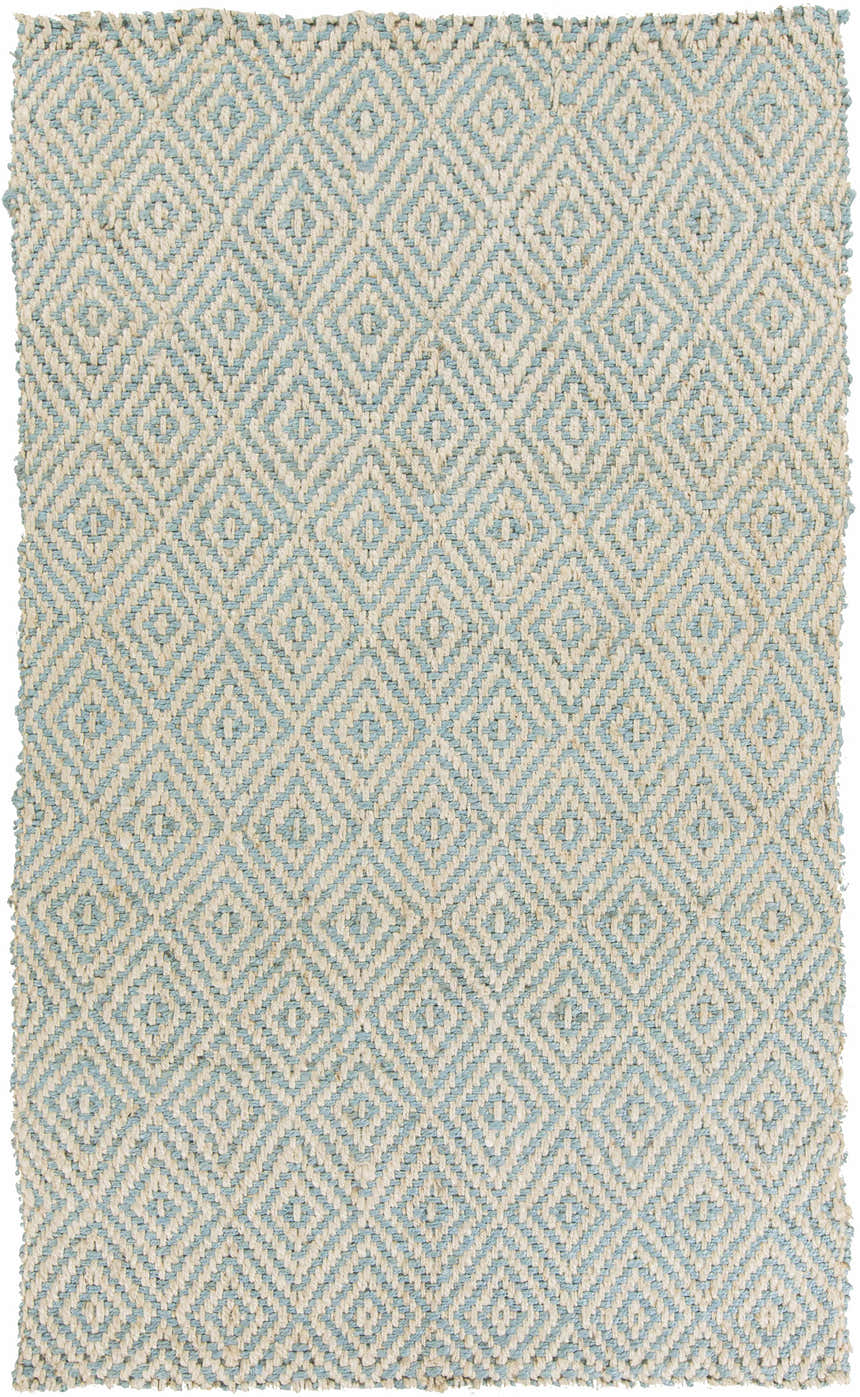 Close-up of Tyronza Clearance Jute Rug. Cream and sky blue diamond pattern, hand-woven texture, farmhouse style. Design-Rectangle-58