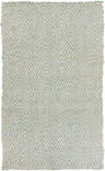 Close-up of Tyronza Clearance Jute Rug. Cream and sky blue diamond pattern, hand-woven texture, farmhouse style. Design-Rectangle-58