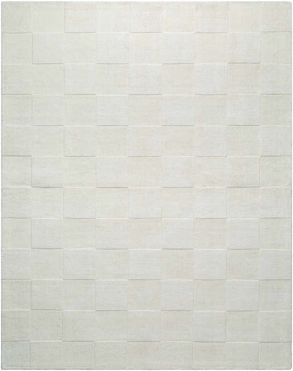 Close-up of the light silver Tegan Area Rug. Hand-loomed, 100% wool rug with a subtle checkerboard pattern. Design-Rectangle-810