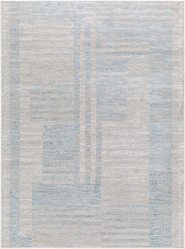 Close-up of Tonia Area Rug with a contemporary geometric pattern in blue, ivory, peach, and tan. Design-Rectangle-537