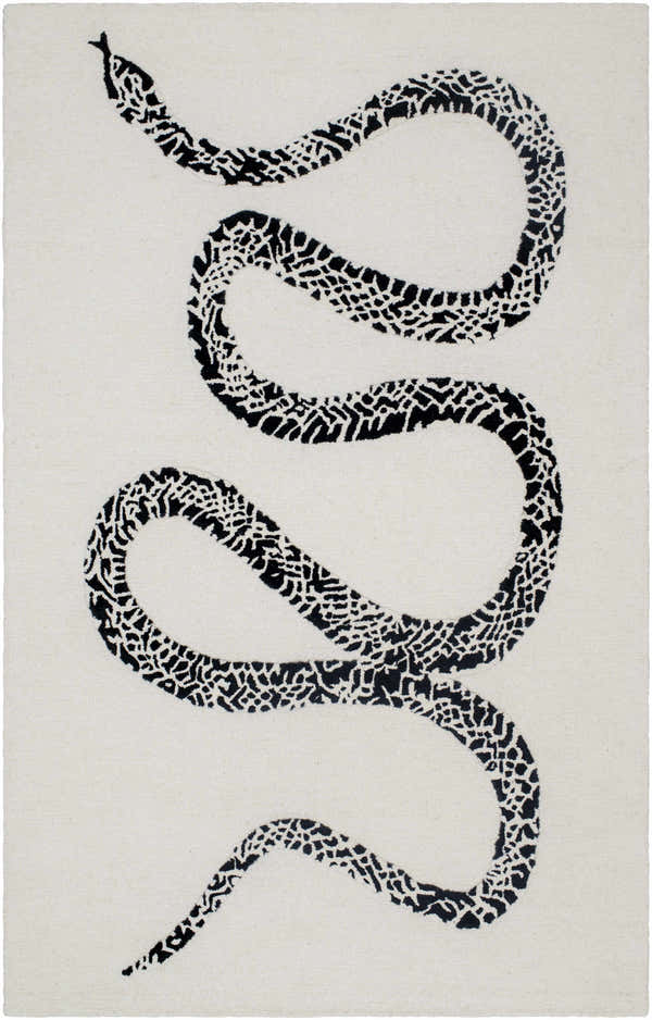 Close-up of the Theon Area Rug. Hand-tufted wool rug with a jet black snake design on a light silver background. Design-Rectangle-58