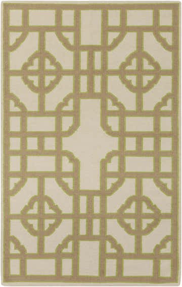 Close-up of the Ucon Area Rug. Light brown and light olive geometric pattern on a cream background. Hand woven wool rug. Design-Rectangle-58