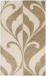 Close-up of the hand-knotted Udell Area Carpet. Light beige wool rug with olive, stylized floral pattern. Contemporary style. Design-Rectangle-576