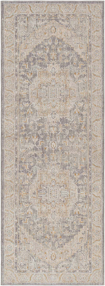 Close-up of the Ulubey Distressed Gray Thick Luxe Area Rug. Features traditional oriental rug patterns in gray, beige, and tan. Design-Runner-2773