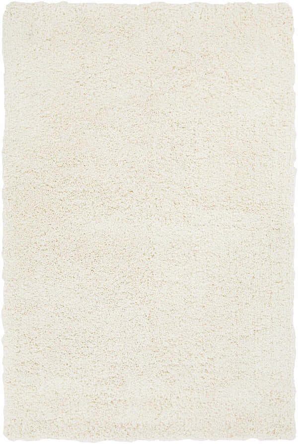 Close-up of the cream Umpire Area Rug. This hand woven shag rug has a soft, textured pile. Design-Rectangle-576