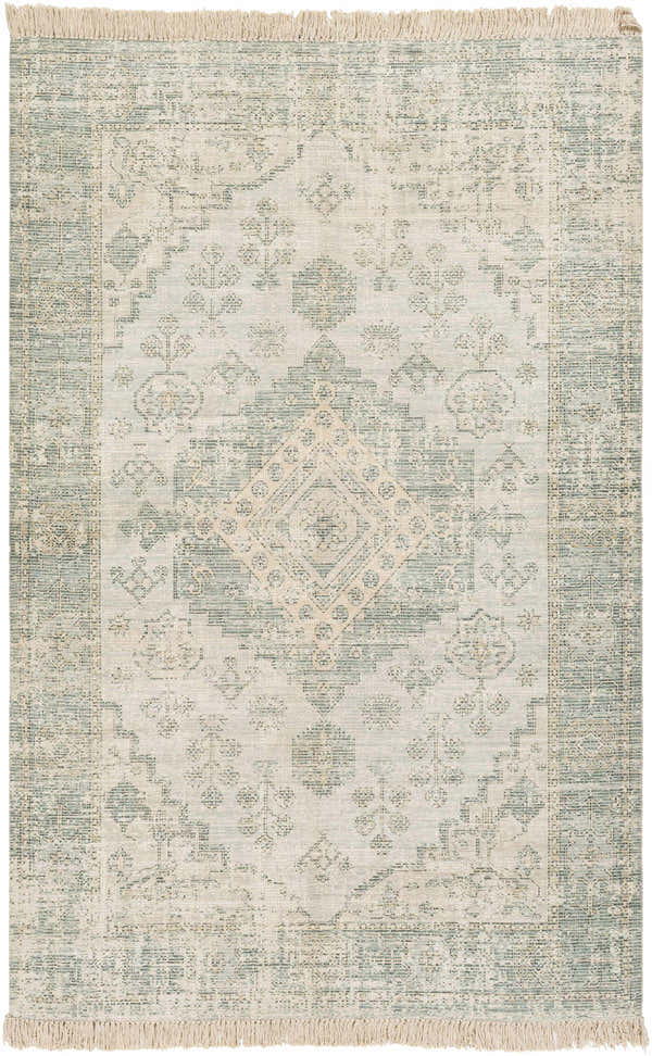 Close-up of the Undy Handmade Cotton-blend Rug. Green, olive, and white bohemian rug with a traditional, hand-woven pattern. Design-Rectangle-576