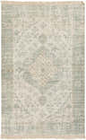 Close-up of the Undy Handmade Cotton-blend Rug. Green, olive, and white bohemian rug with a traditional, hand-woven pattern. Design-Rectangle-576