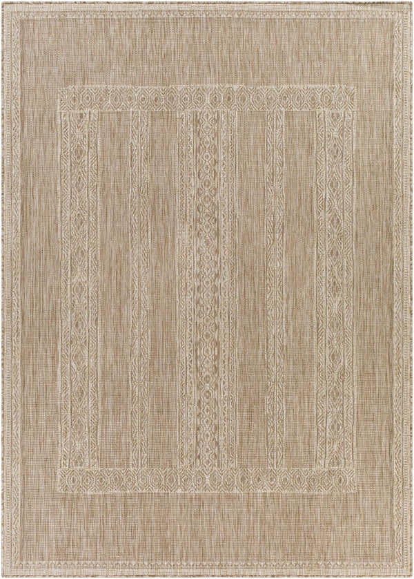 Close-up of the Unidos Beige Area Rug showing its woven texture, geometric border, and neutral tan color. Design-Rectangle-537